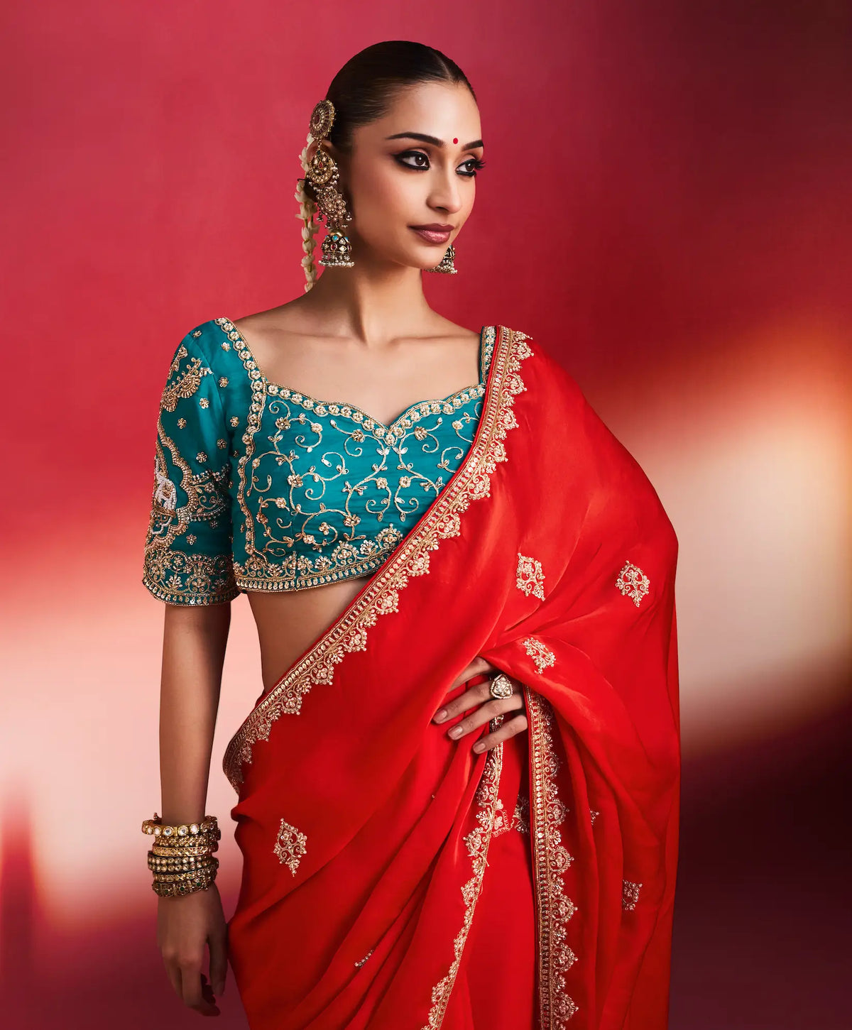 Chilli Red Embroidery & Beads Work Saree