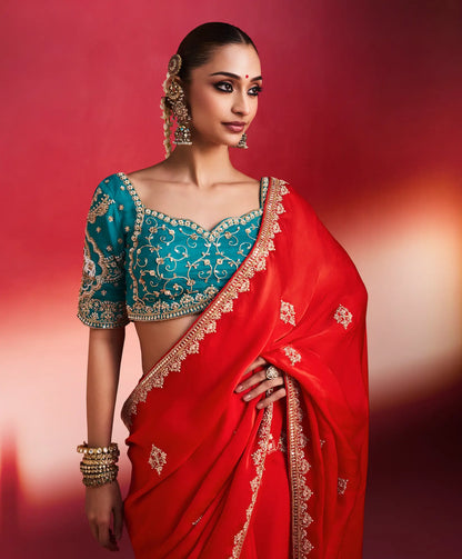 Chilli Red Embroidery & Beads Work Saree