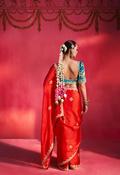 Chilli Red Embroidery & Beads Work Saree