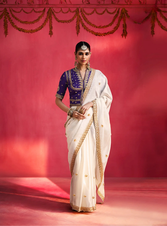 Ivory White Embroidery & Beads Work Saree