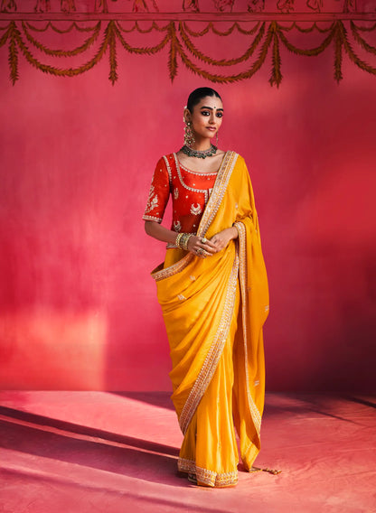 Golden Yellow Embroidery & Beads Work Saree