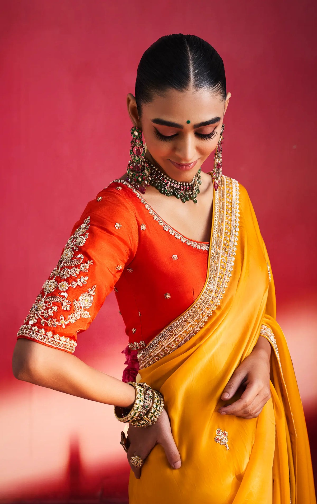 Golden Yellow Embroidery & Beads Work Saree