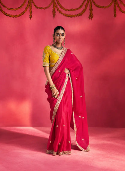 Rani Pink Embroidery & Beads Work Saree