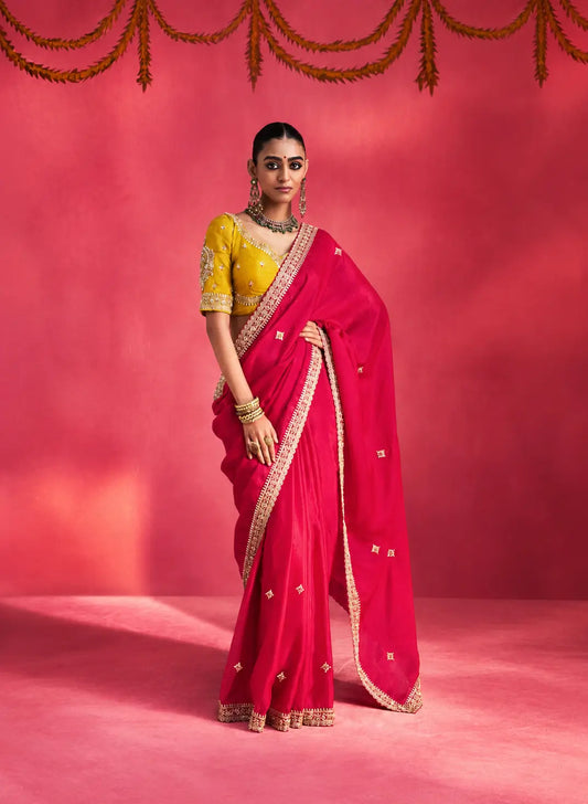 Rani Pink Embroidery & Beads Work Saree