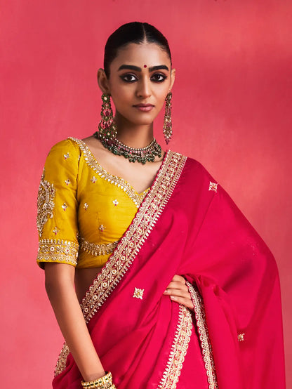 Rani Pink Embroidery & Beads Work Saree