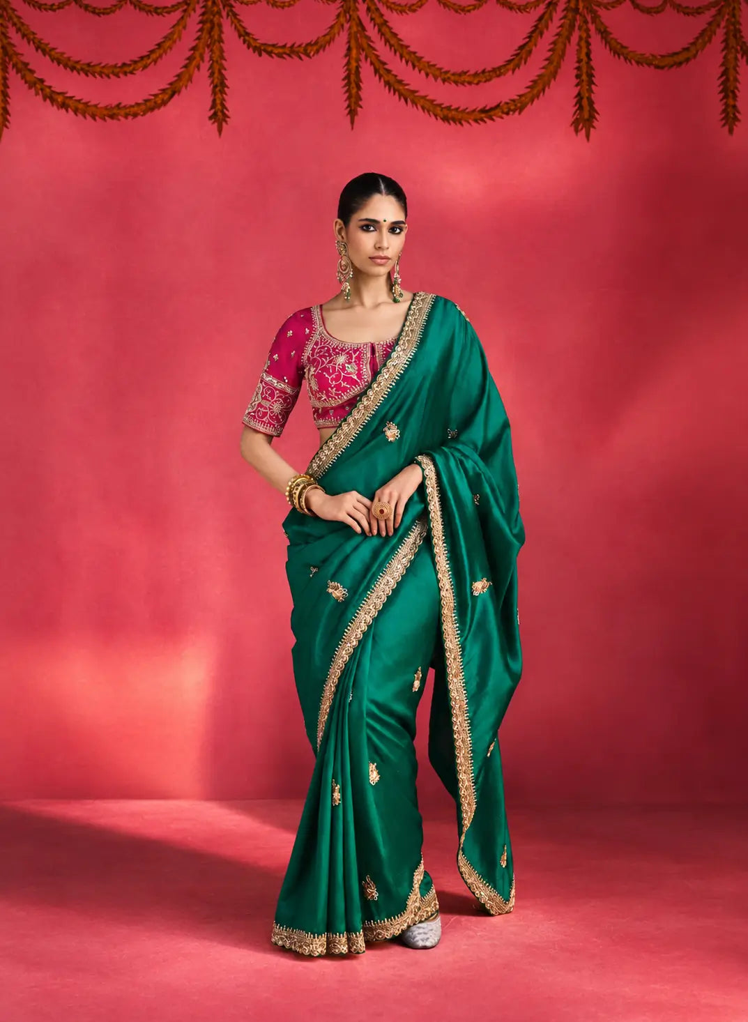 Teal Green Embroidery & Beads Work Saree