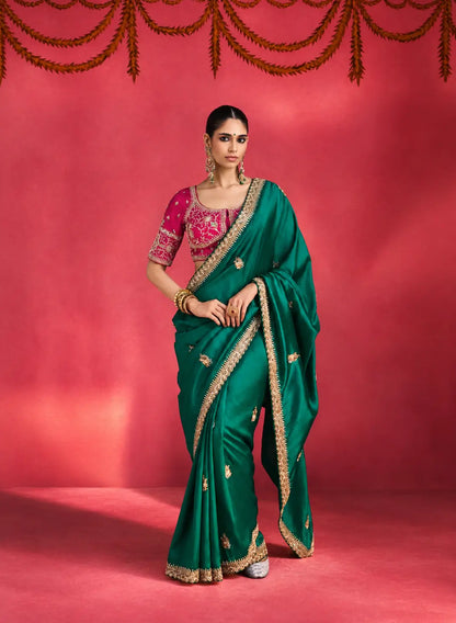 Teal Green Embroidery & Beads Work Saree