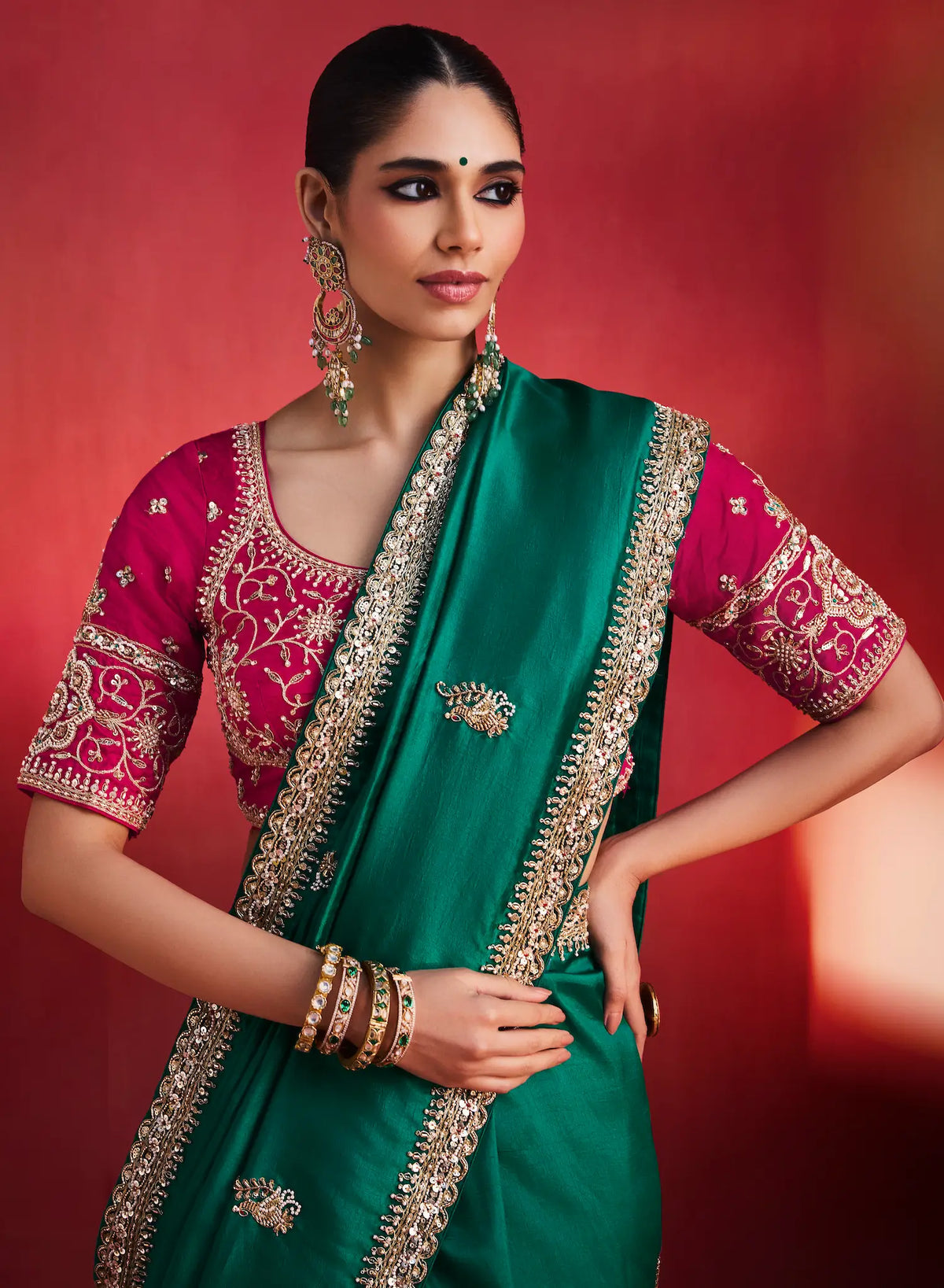 Teal Green Embroidery & Beads Work Saree