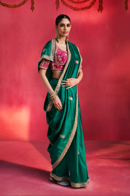 Teal Green Embroidery & Beads Work Saree