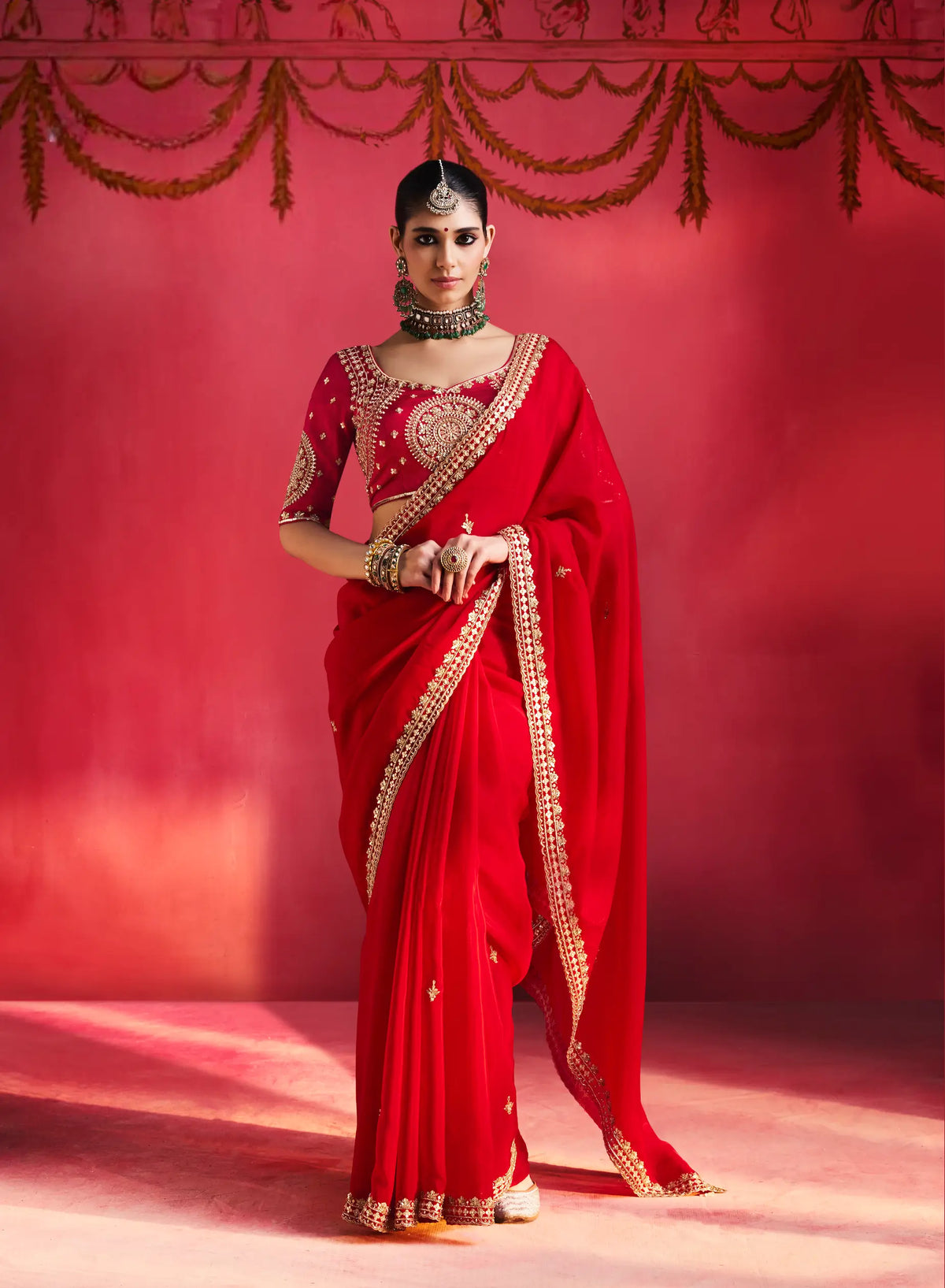 Scarlet Red Embroidery & Beads Work Saree