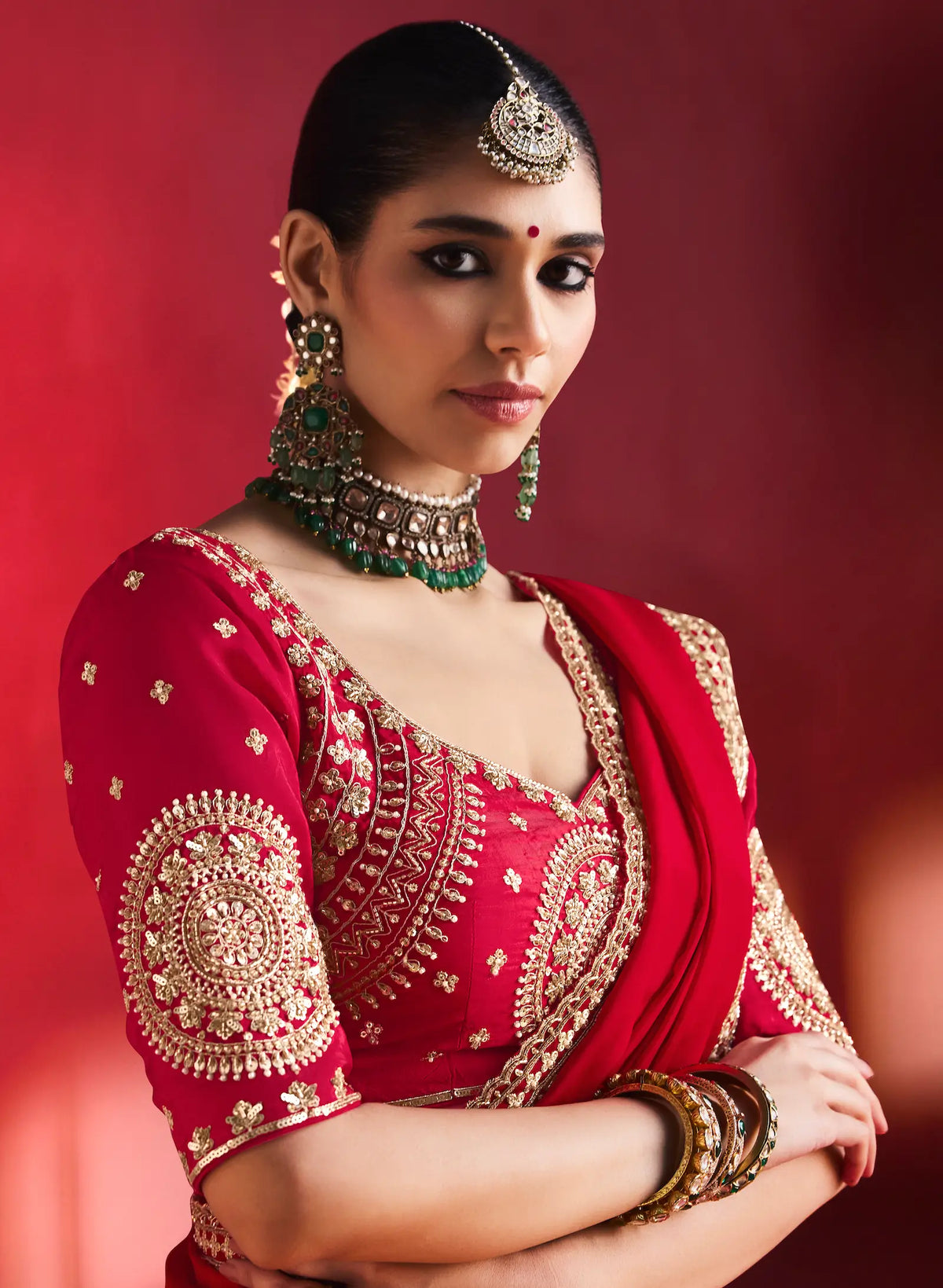 Scarlet Red Embroidery & Beads Work Saree