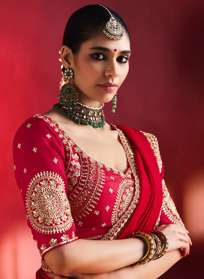 Scarlet Red Embroidery & Beads Work Saree