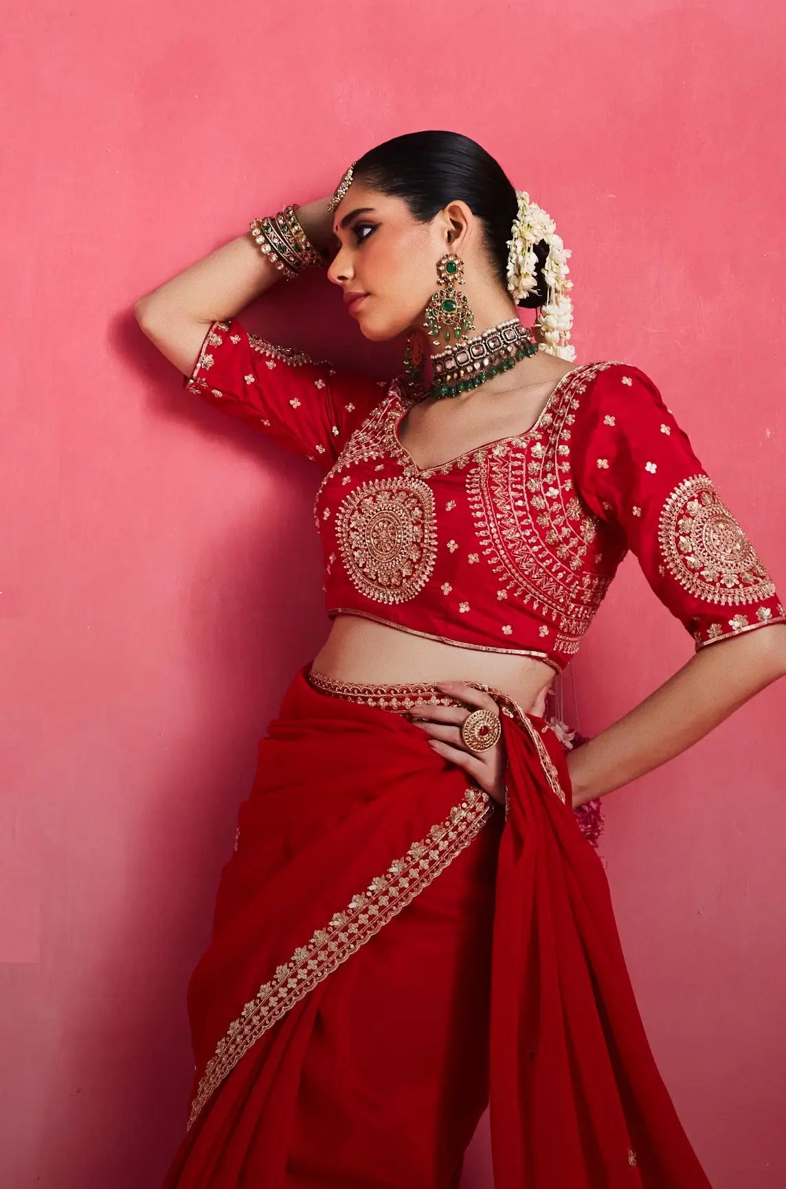 Scarlet Red Embroidery & Beads Work Saree