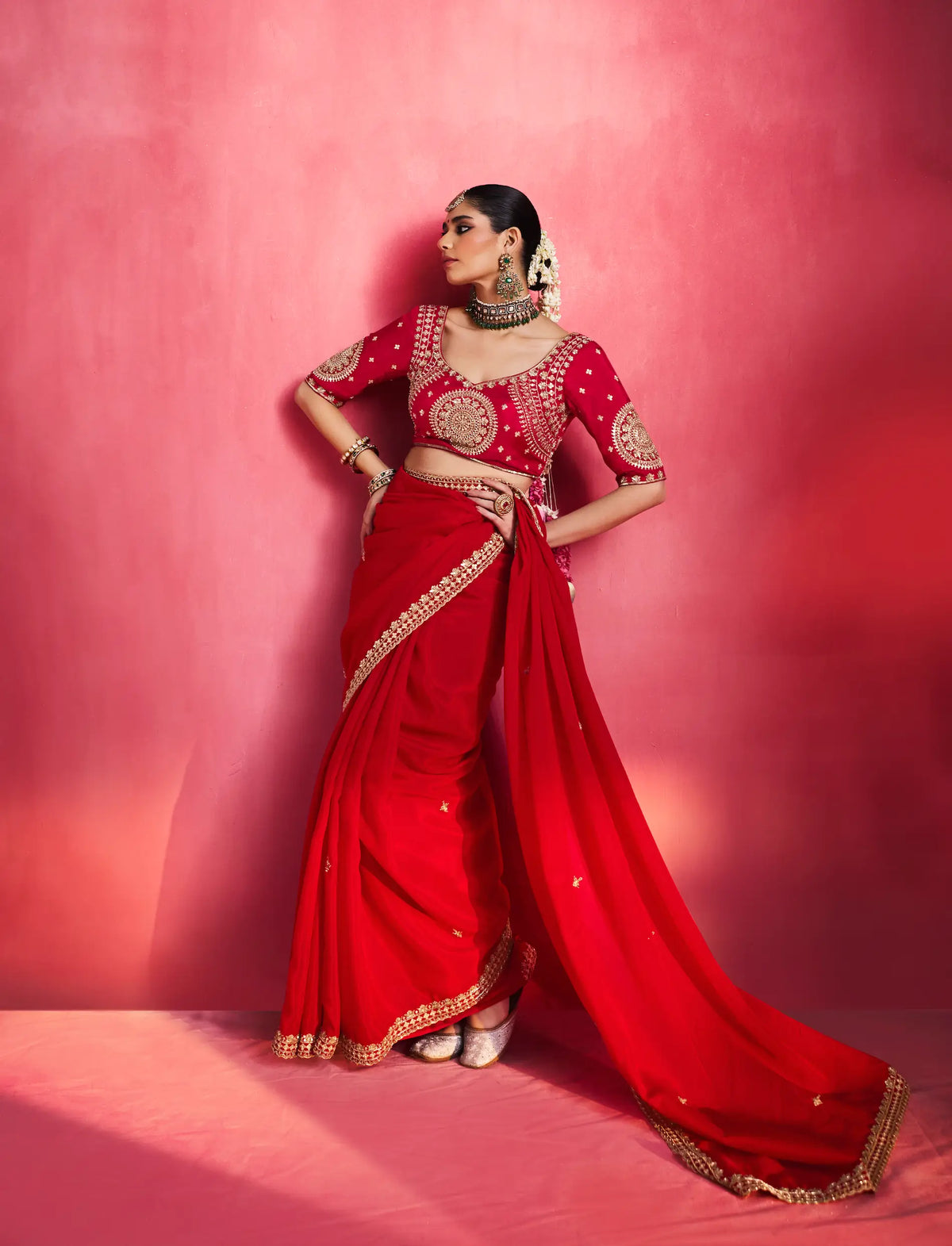 Scarlet Red Embroidery & Beads Work Saree