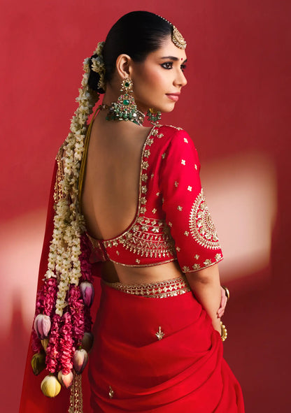 Scarlet Red Embroidery & Beads Work Saree