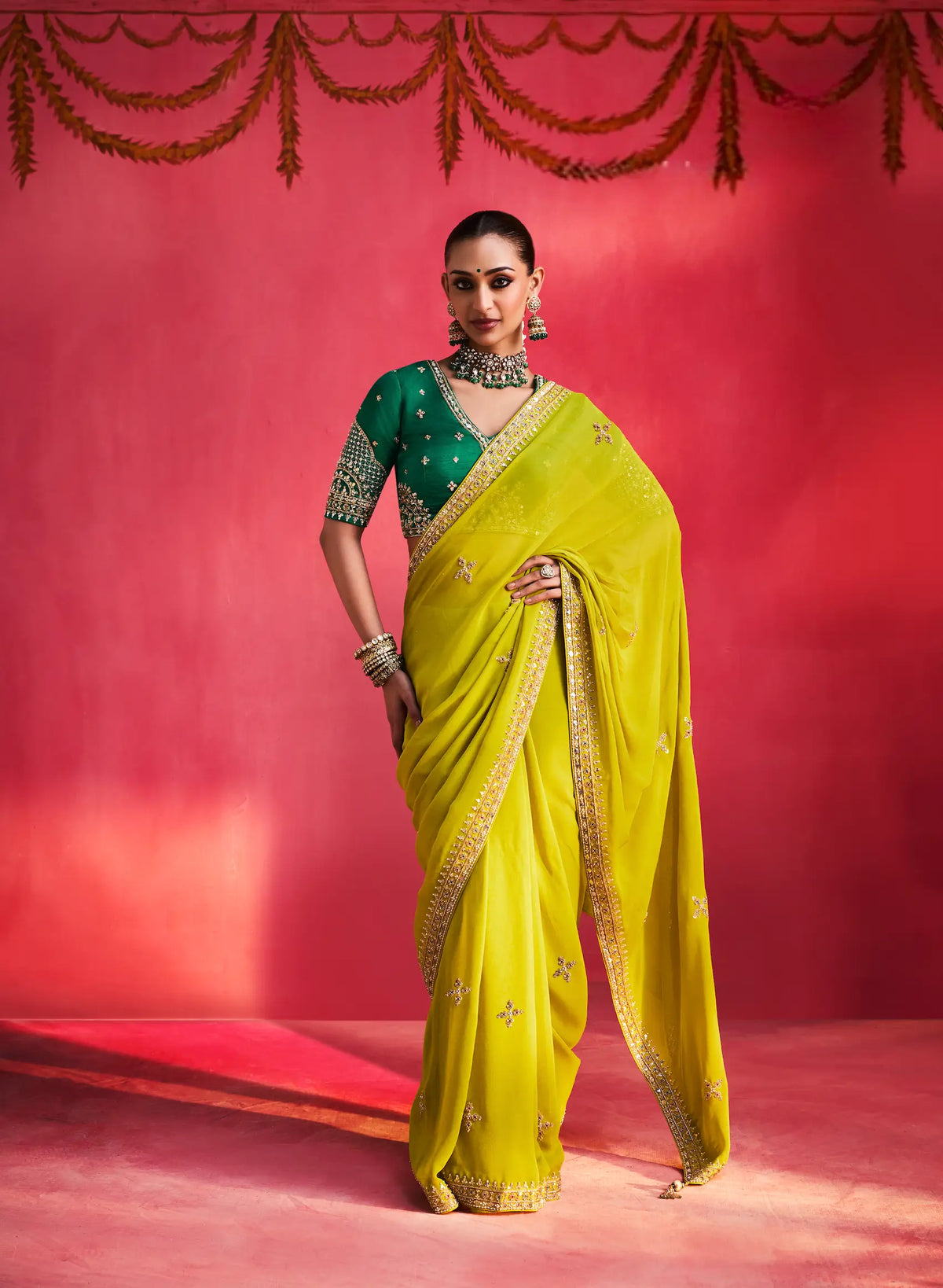 Lime Green Embroidery & Beads Work Saree
