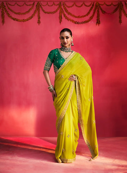 Lime Green Embroidery & Beads Work Saree