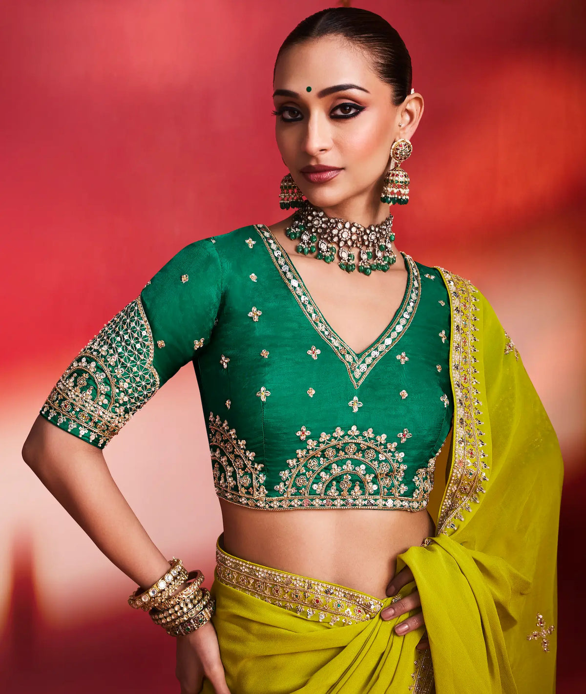 Lime Green Embroidery & Beads Work Saree