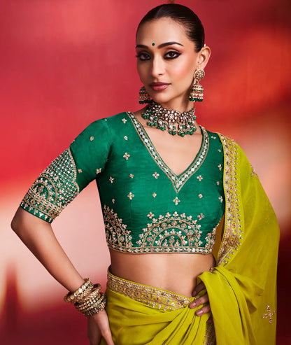 Lime Green Embroidery & Beads Work Saree