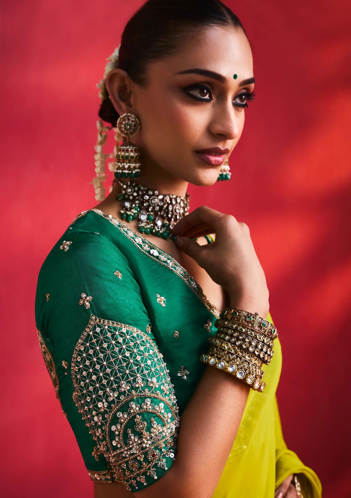 Lime Green Embroidery & Beads Work Saree