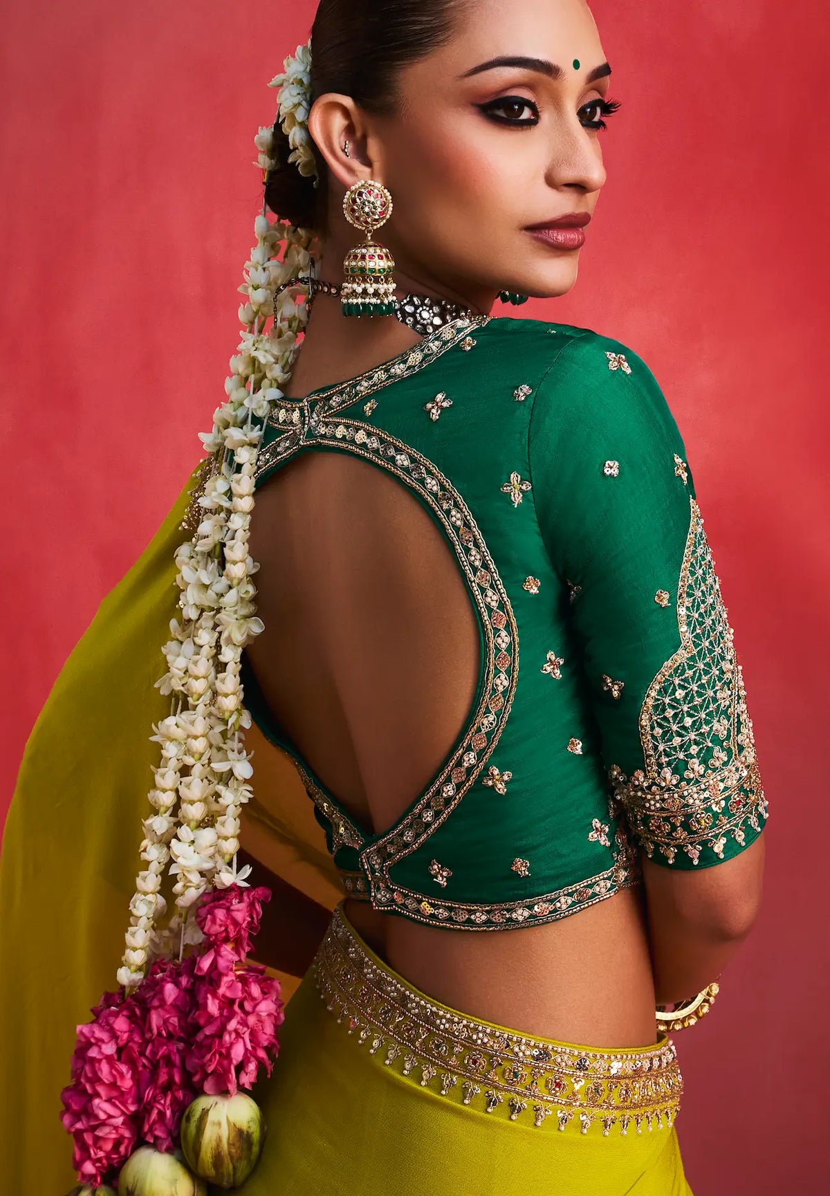 Lime Green Embroidery & Beads Work Saree