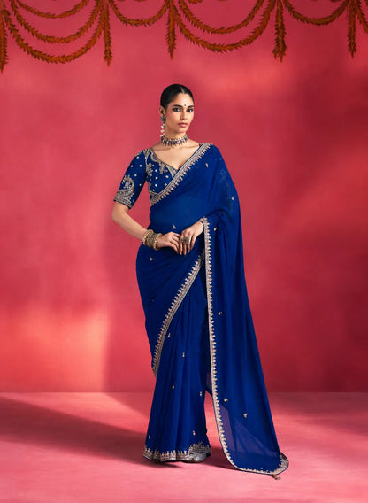 Royal Blue Embroidery & Beads Work Saree