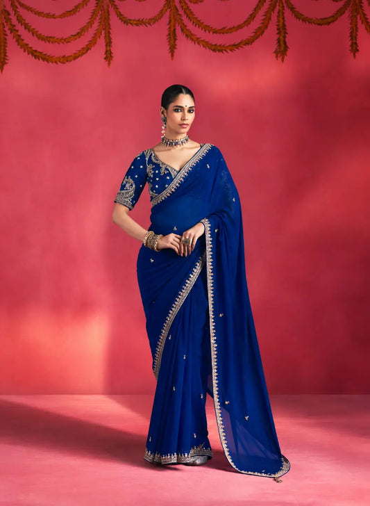 Royal Blue Embroidery & Beads Work Saree