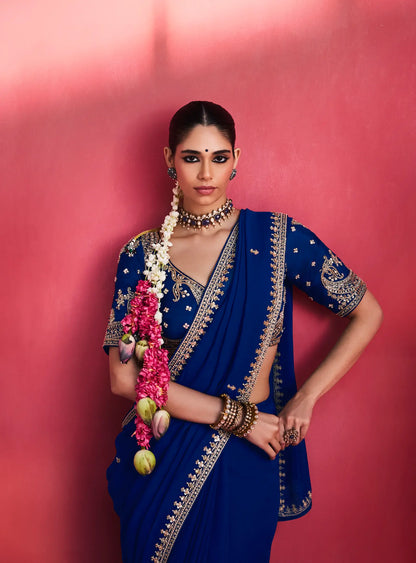Royal Blue Embroidery & Beads Work Saree
