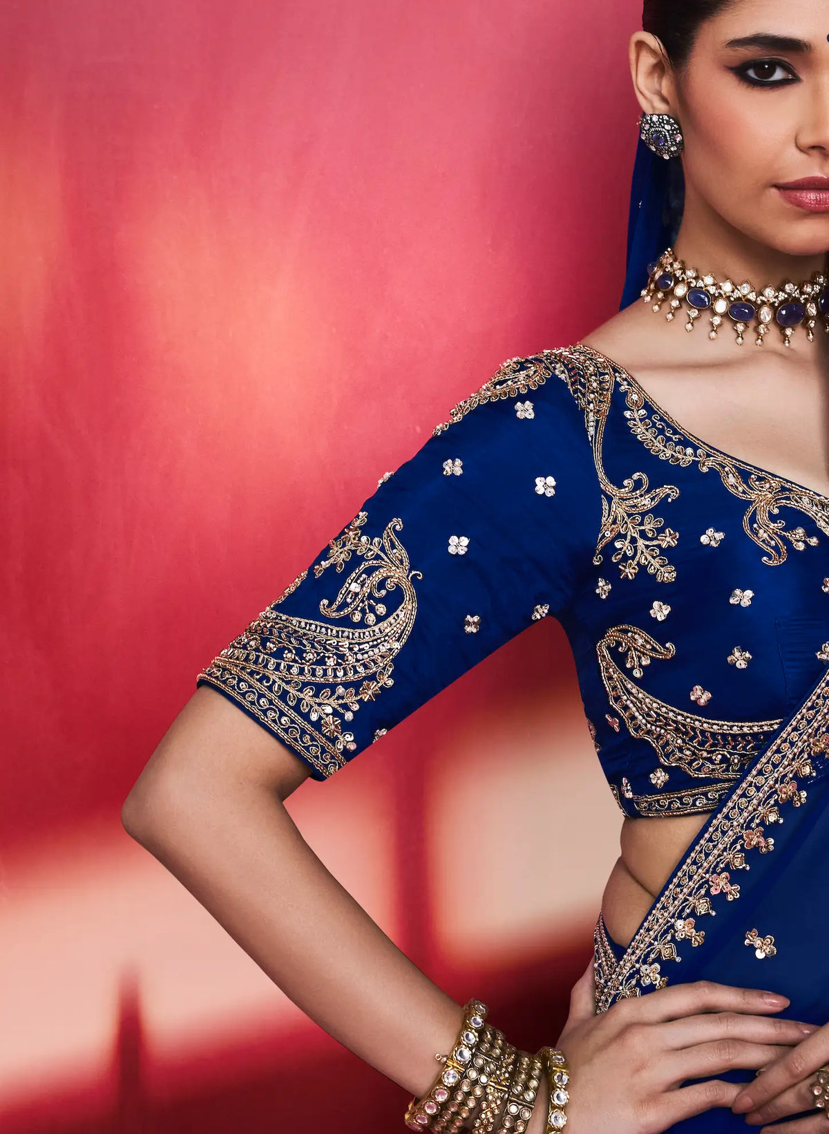 Royal Blue Embroidery & Beads Work Saree
