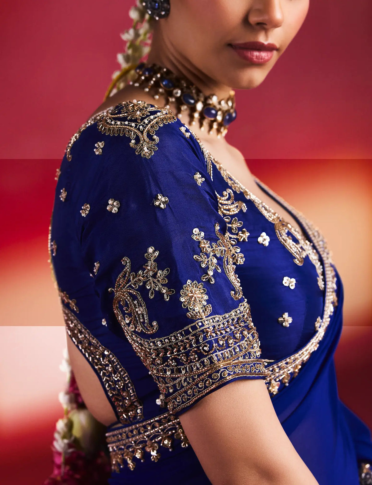 Royal Blue Embroidery & Beads Work Saree