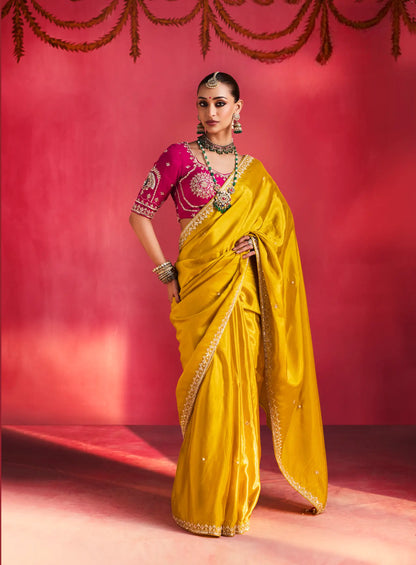Classic Yelllow Embroidery & Beads Work Saree