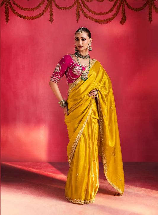 Classic Yelllow Embroidery & Beads Work Saree