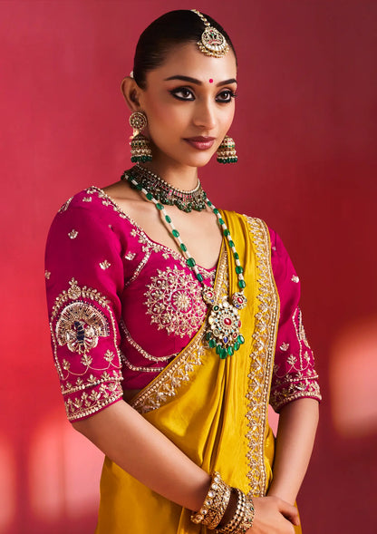 Classic Yelllow Embroidery & Beads Work Saree