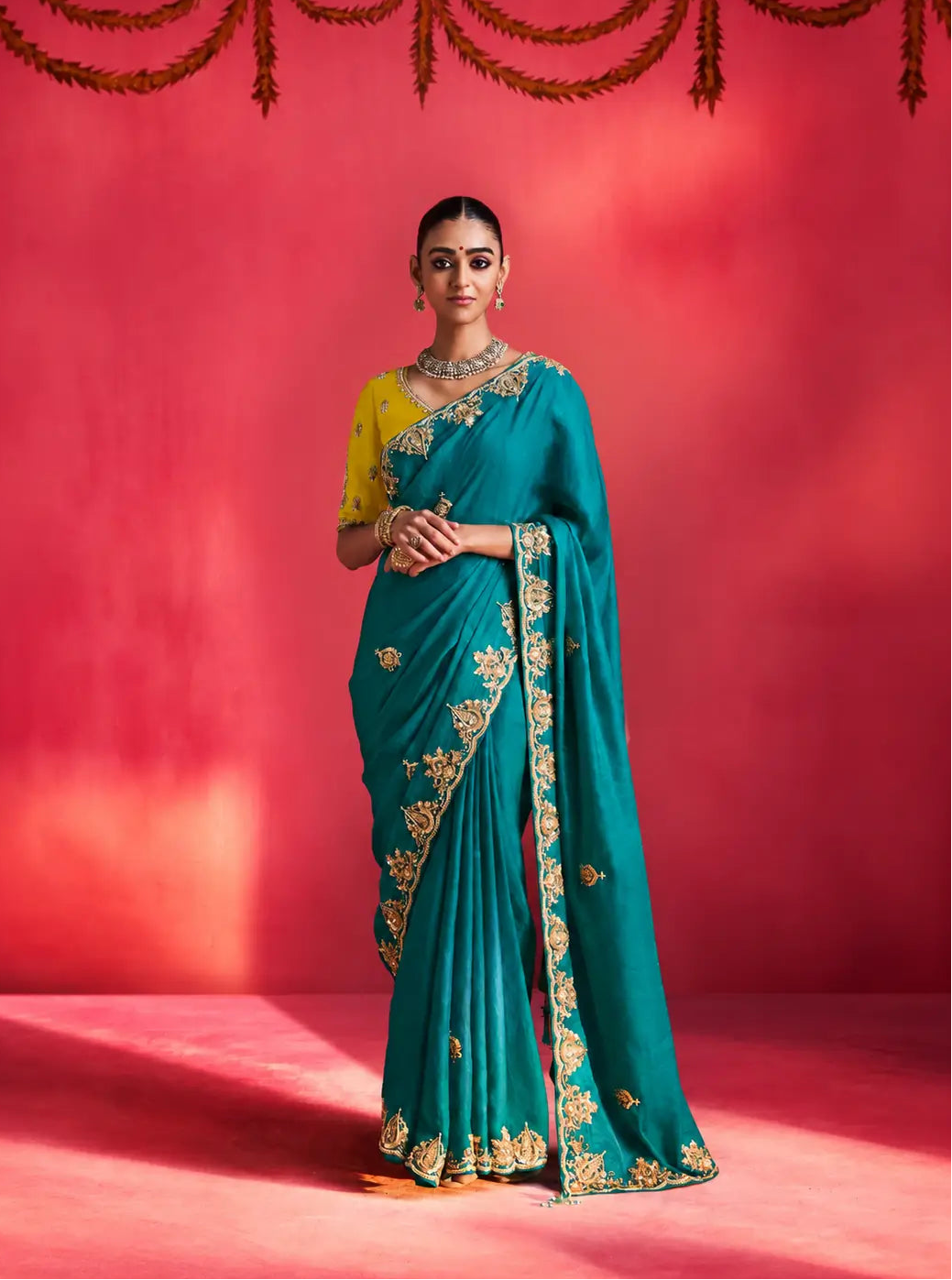 Dark Teal Embroidery & Beads Work Saree