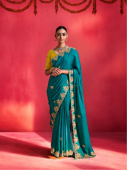 Dark Teal Embroidery & Beads Work Saree