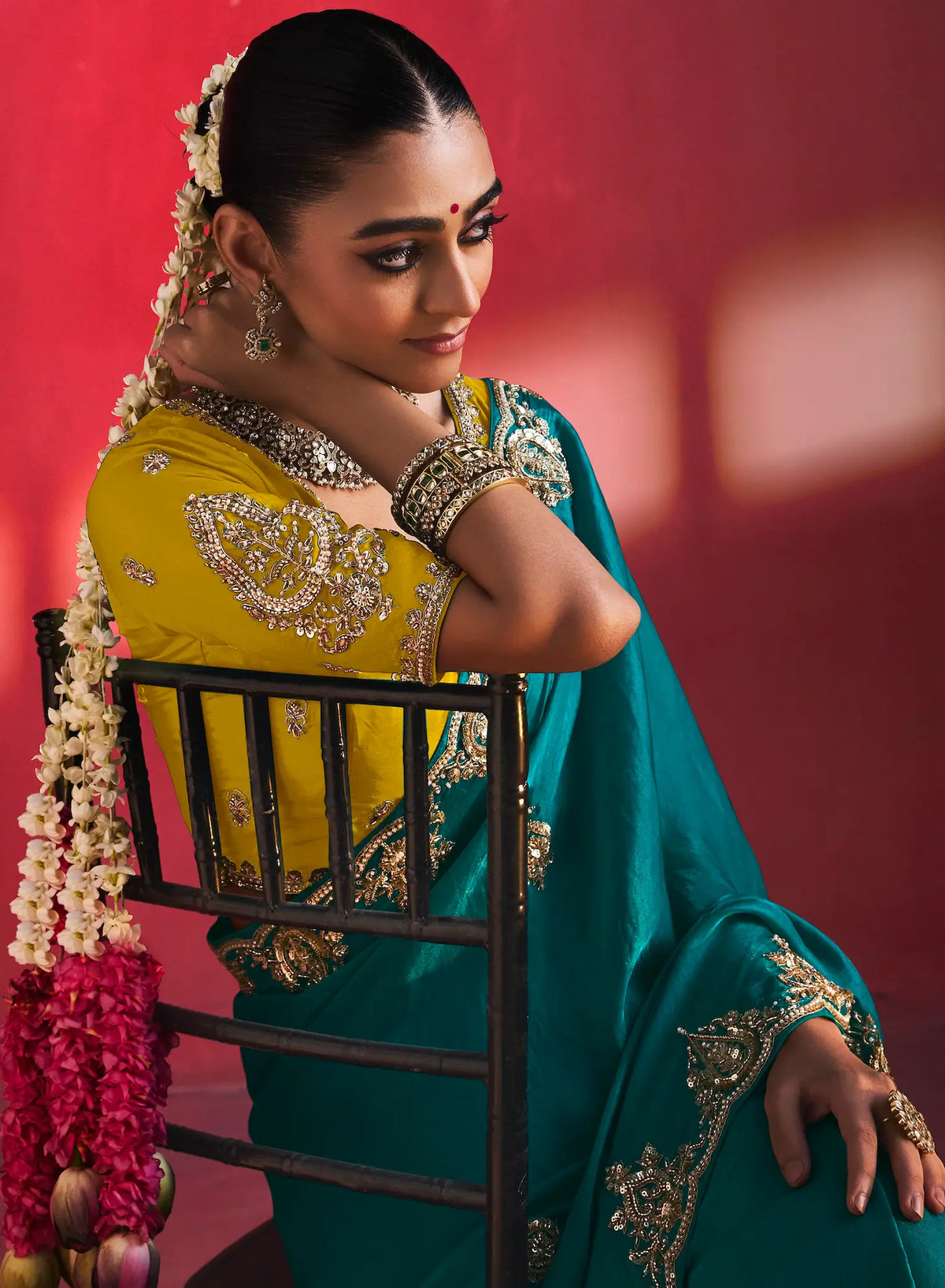 Dark Teal Embroidery & Beads Work Saree