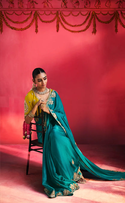 Dark Teal Embroidery & Beads Work Saree
