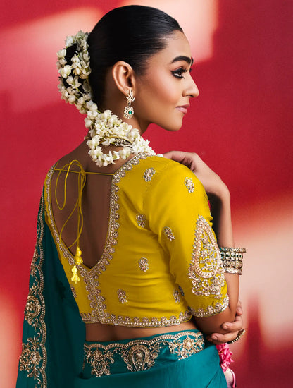 Dark Teal Embroidery & Beads Work Saree