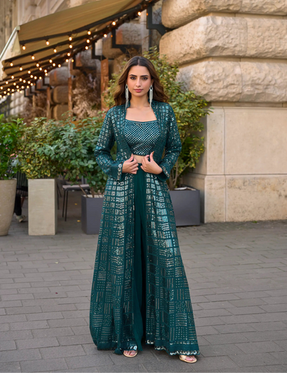 Deep Teal Heavy Embroidered Indo Western Set