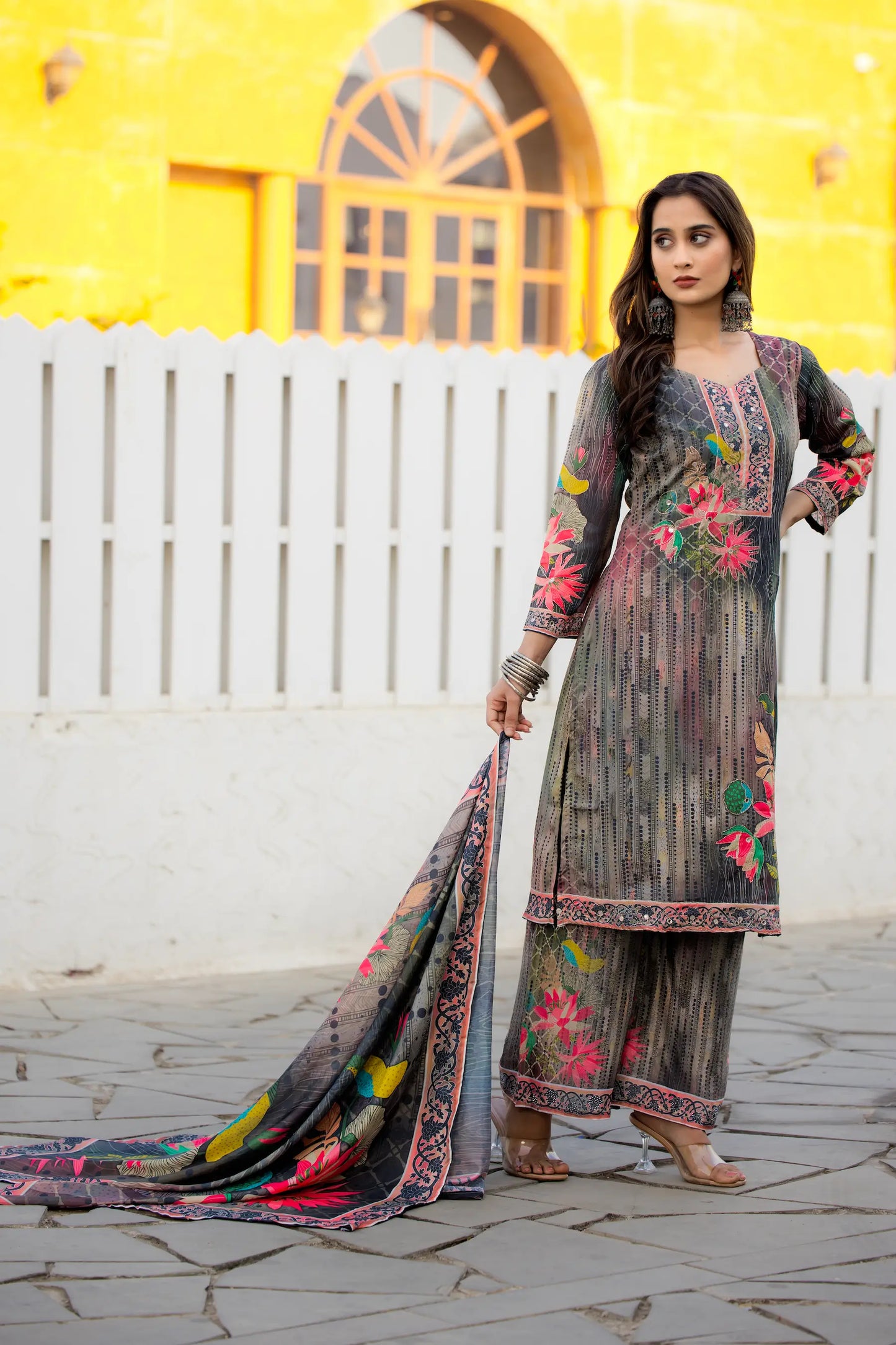 Grey Multicolor Chinon Salwar Suit With Print & Hand Work