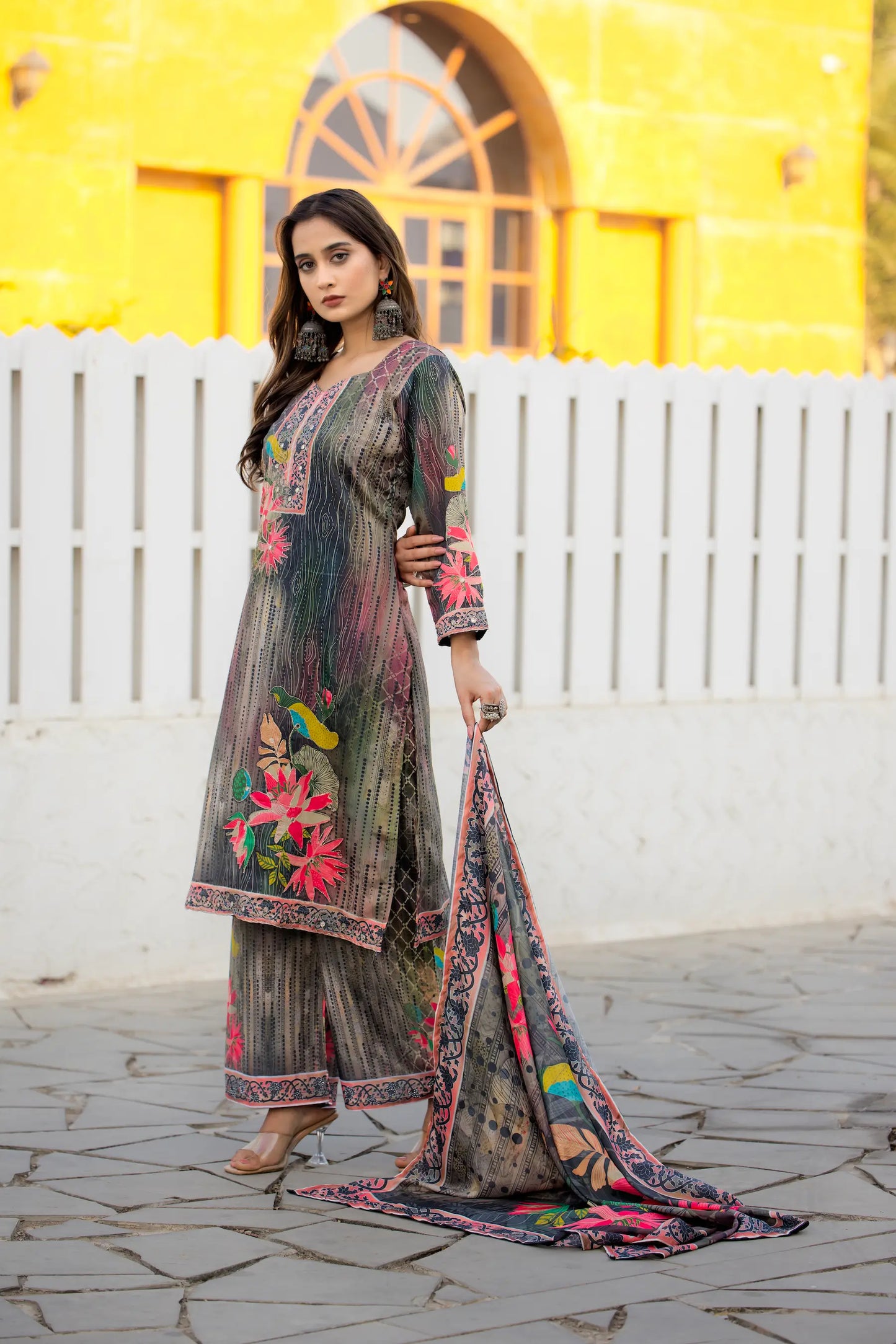 Grey Multicolor Chinon Salwar Suit With Print & Hand Work