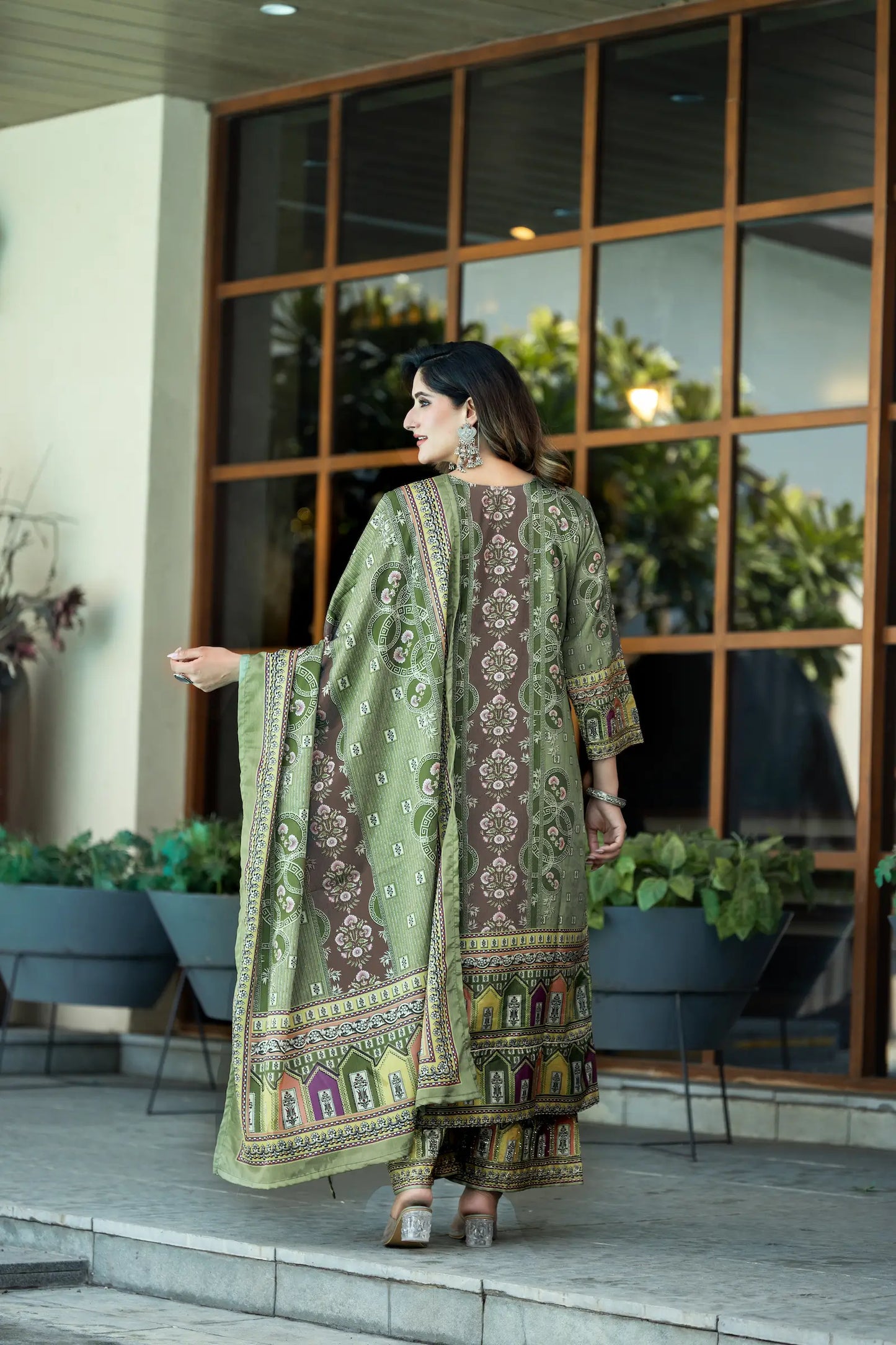 Pastel Green Chinon Salwar Suit With Print & Hand Work