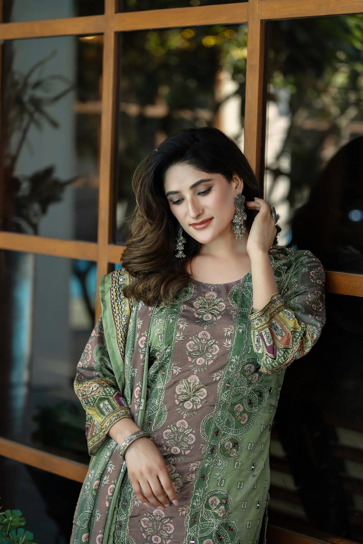 Pastel Green Chinon Salwar Suit With Print & Hand Work