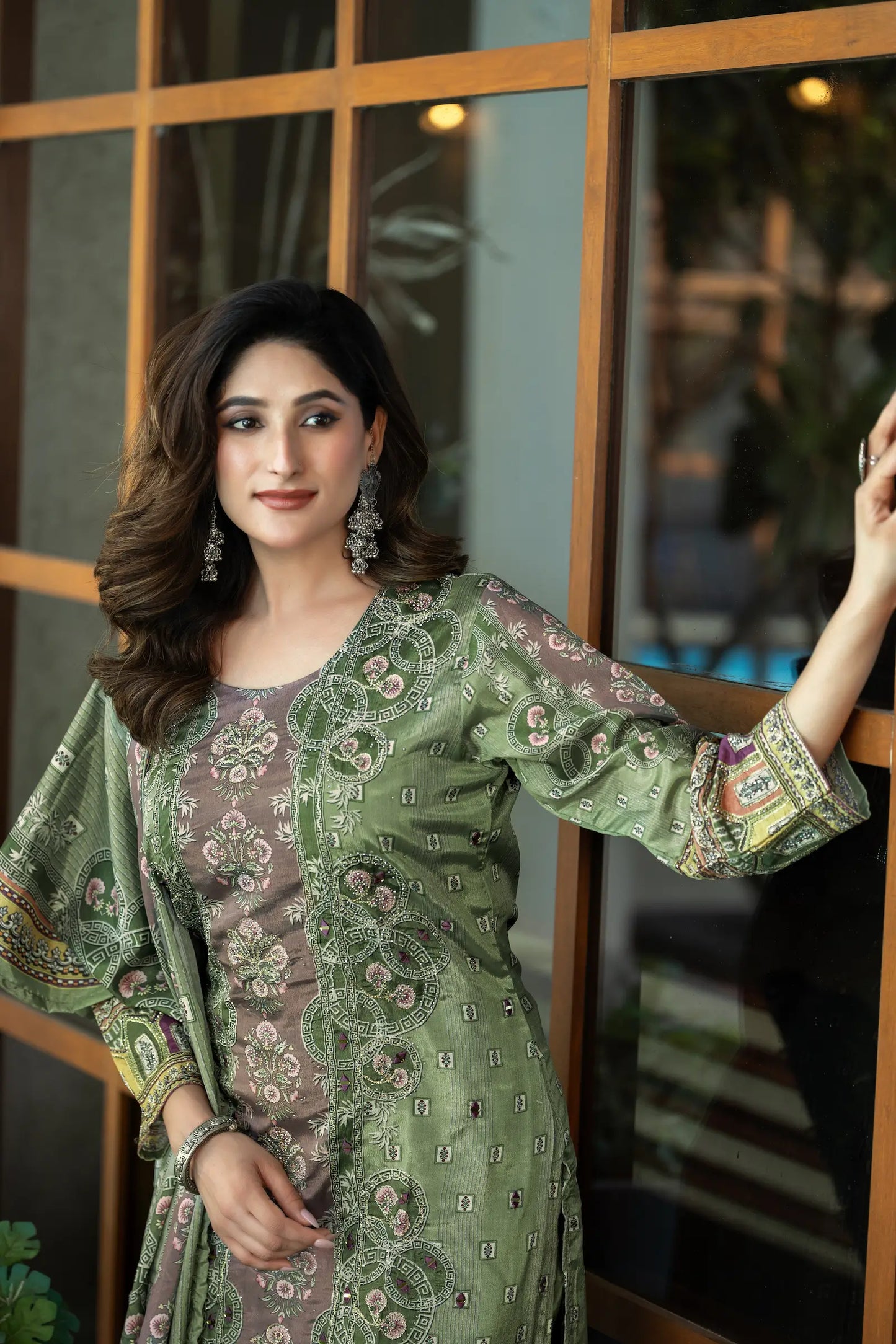 Pastel Green Chinon Salwar Suit With Print & Hand Work