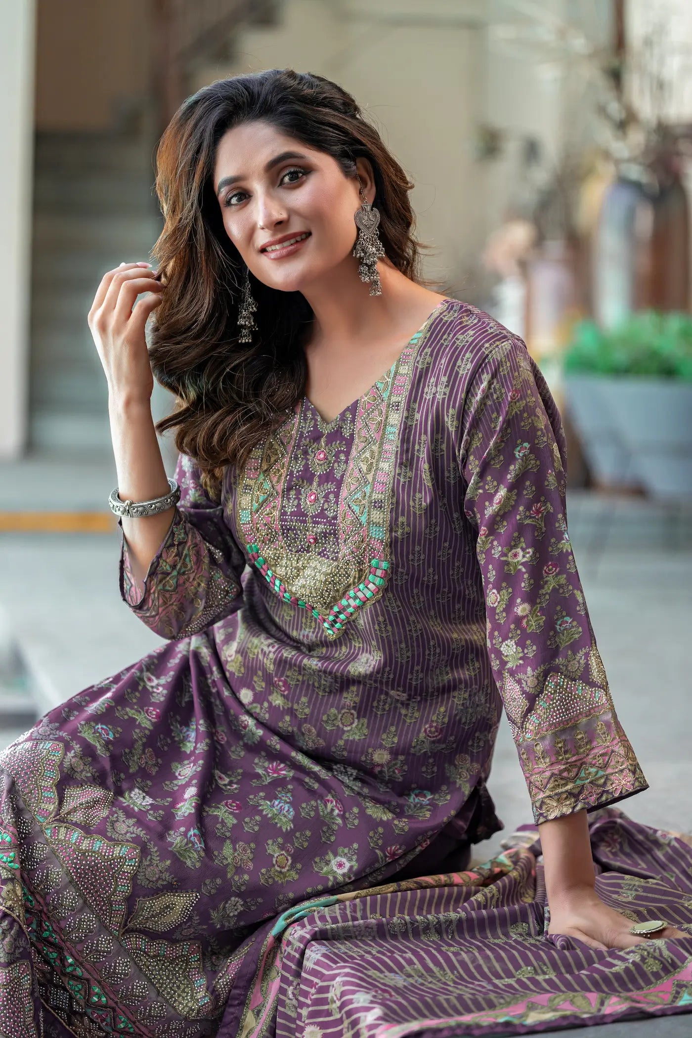 Dusty Purple Chinon Salwar Suit With Print & Hand Work