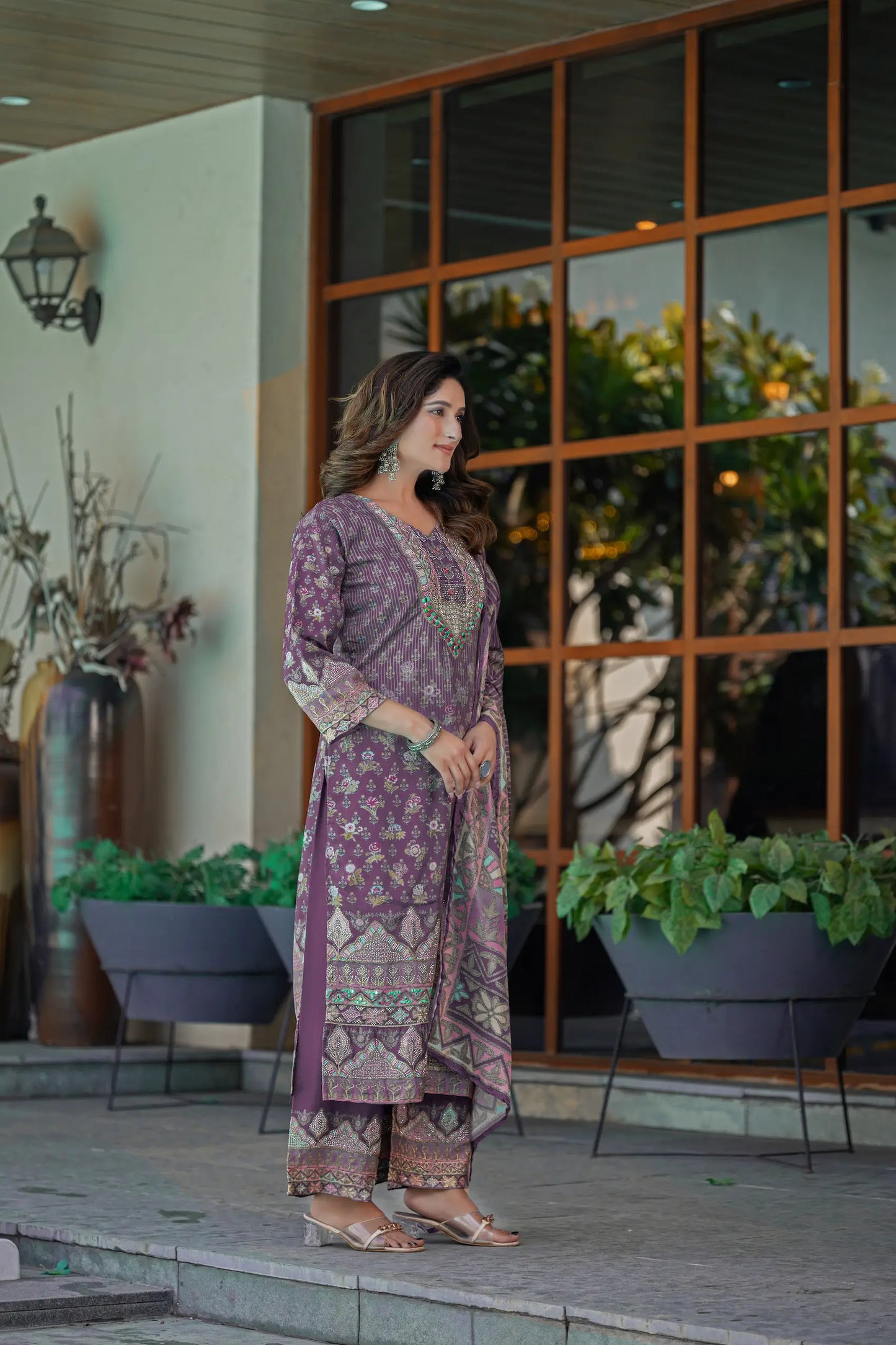 Dusty Purple Chinon Salwar Suit With Print & Hand Work