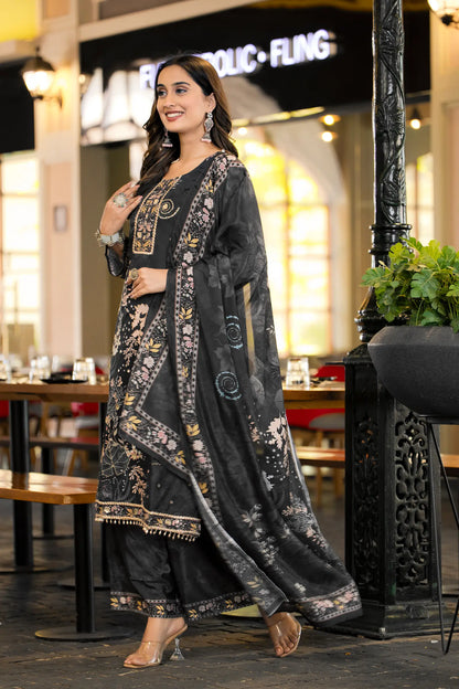 Black Chinon Salwar Suit With Print & Hand Work