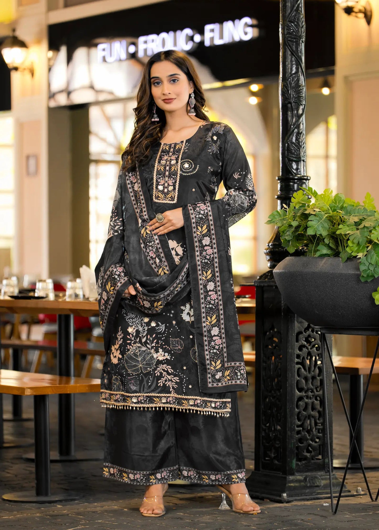 Black Chinon Salwar Suit With Print & Hand Work