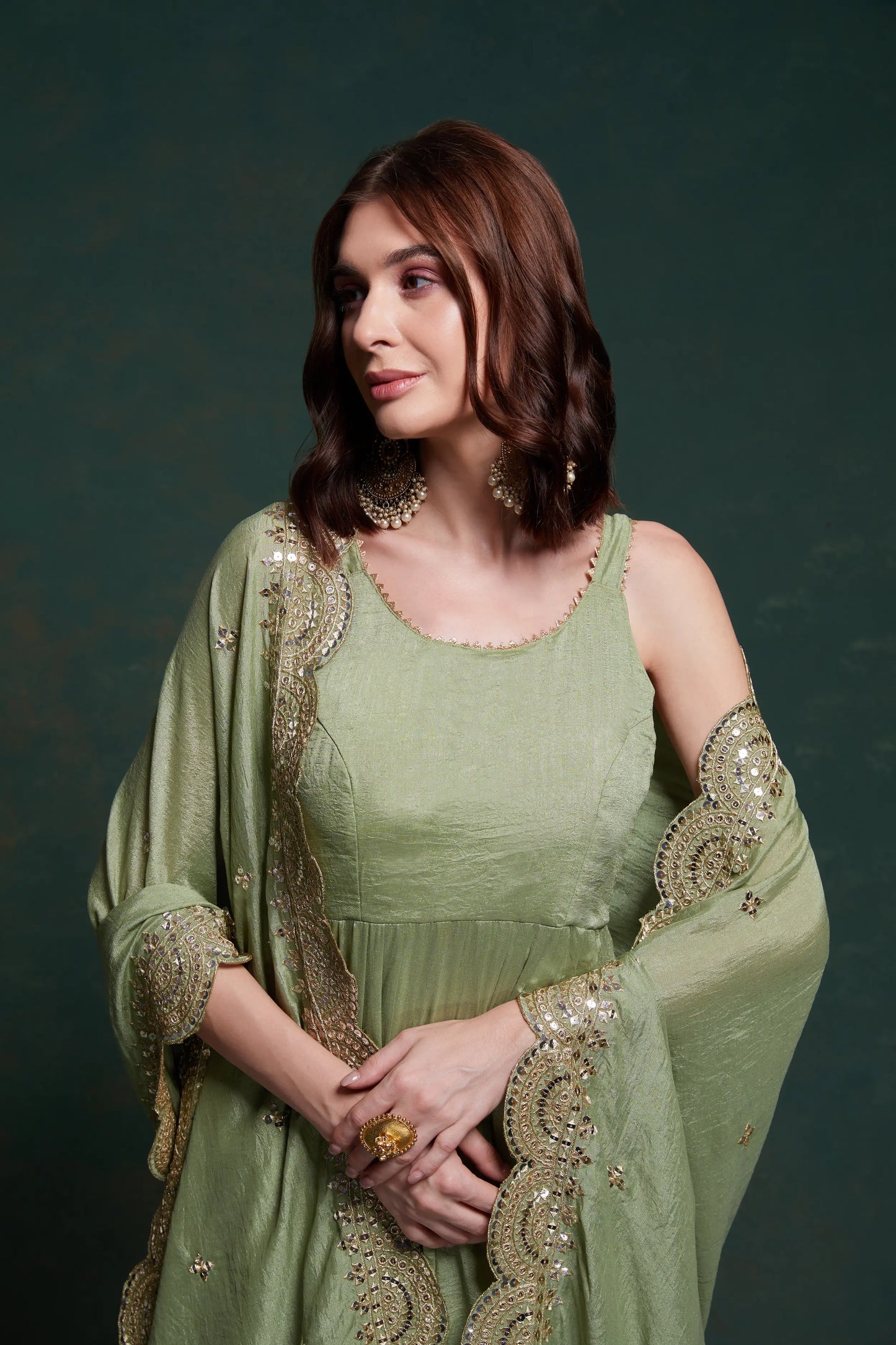 Pista Georgette Gown With Dupatta