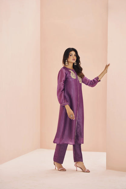 Purple Organza Salwar Suit With Handwork